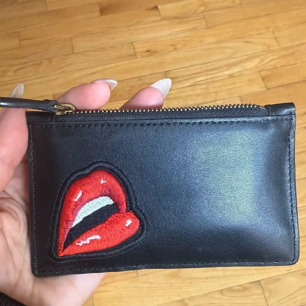 Pinko AIRONE Black Card Holder with Gold Detail & RED LIPS like new. With Box